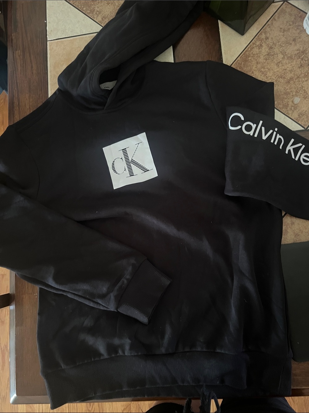 Calvin Klein Black Hoodie with White CK Square and Sleeve Branding